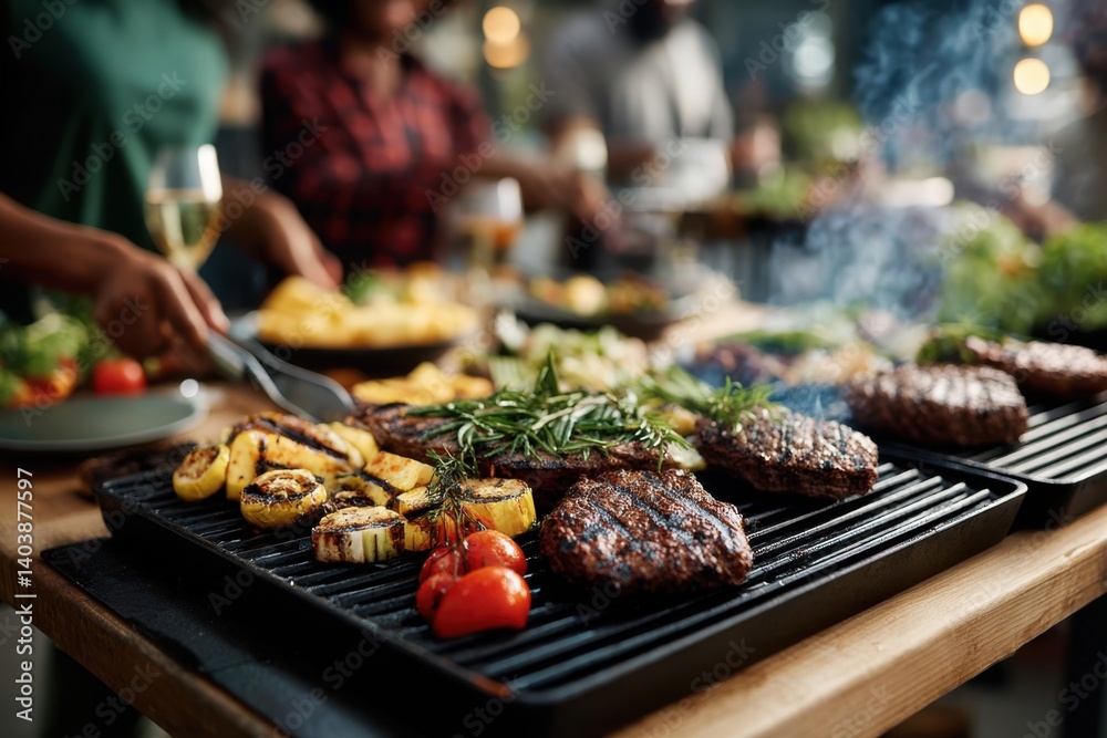 Grilling meat and vegetables at an outdoor gathering with friends during warm summer evening Grilling meat and vegetables at an outdoor gathering with friends during warm summer evening
