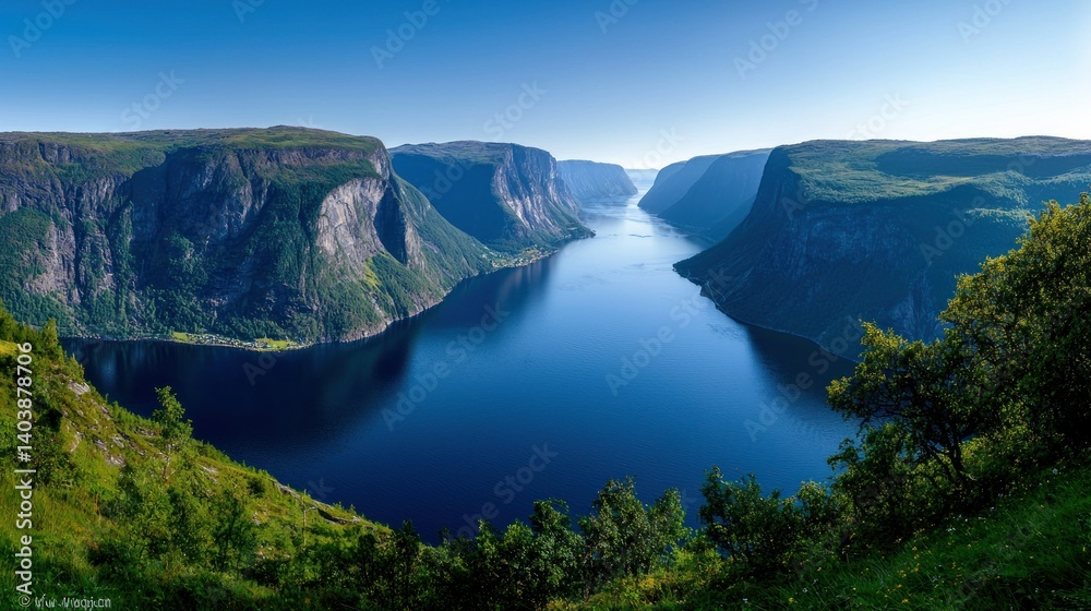 A beautiful fjord is surrounded by high mountains and clear blue skies A beautiful fjord is surrounded by high mountains and clear blue skies