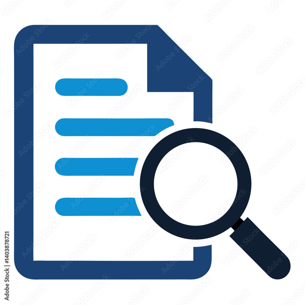 Document Review: A magnifying glass icon rests over a document icon, symbolizing the process of scrutinizing information and detailed review. Document Review: A magnifying glass icon rests over a document icon, symbolizing the process of scrutinizing information and detailed review.