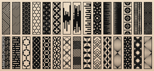 Vector bundle of 30 templates for laser, CNC cut. Unique design with abstract geometric patterns, modern geo ornaments. Stencils for plotter cutting of wood, paper, metal, plywood. Aspect ratio 1:4