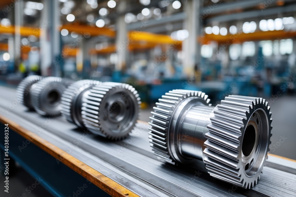 Precision gears lined up on a conveyor in a modern manufacturing facility showcasing engineering excellence Precision gears lined up on a conveyor in a modern manufacturing facility showcasing engineering excellence