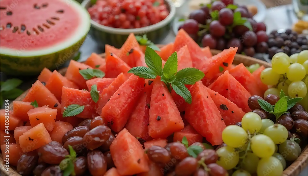 Fresh Watermelon Slices and Grapes Platter with Mint Leaves Ready to Eat Fresh Watermelon Slices and Grapes Platter with Mint Leaves Ready to Eat