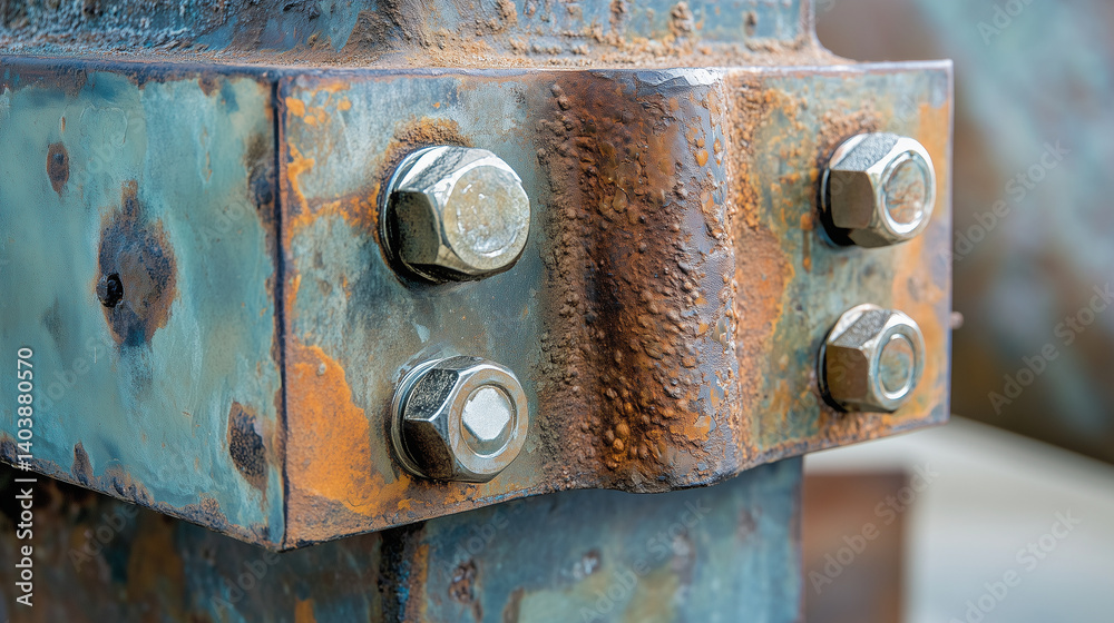 Close-up of a sculpture made from recycled metal parts, showing bolts and welds.