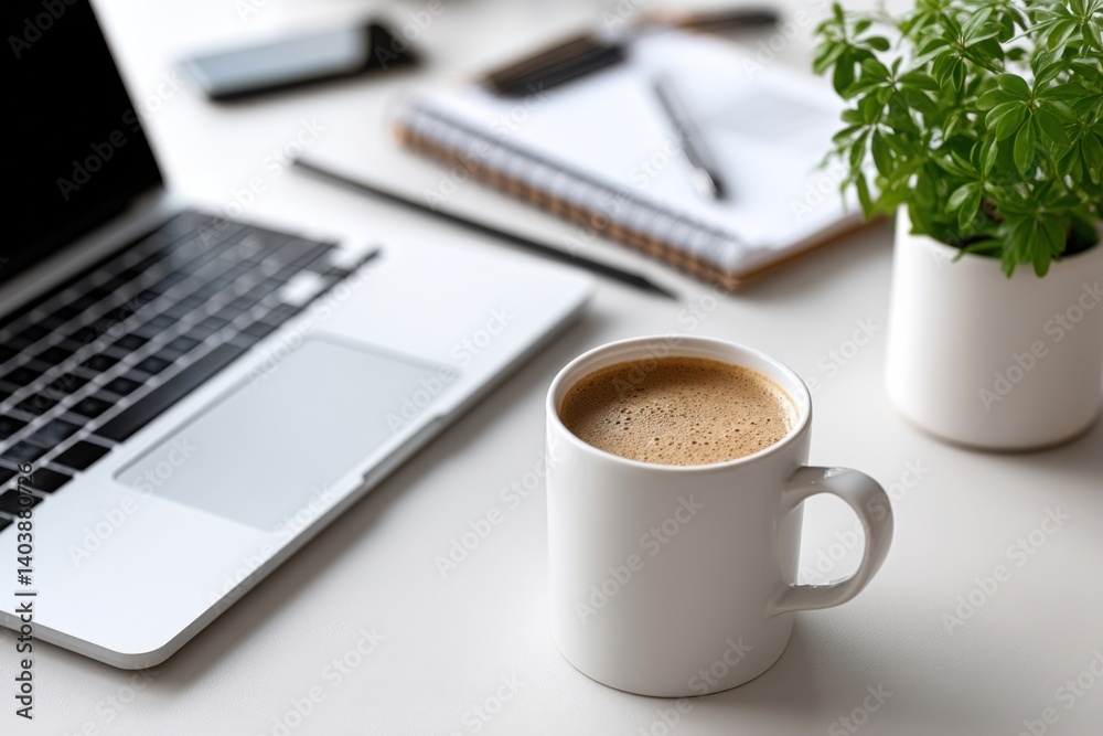 Morning coffee breaks at a workspace with a laptop, notebook, and plant create a perfect atmosphere for productivity and focus