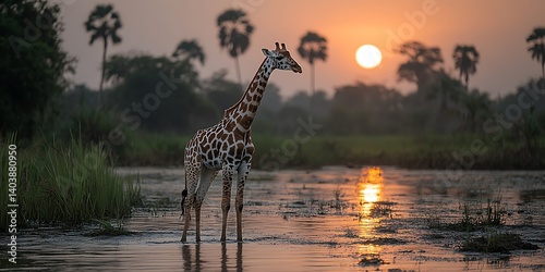 Giraffe Drinks at Sunset