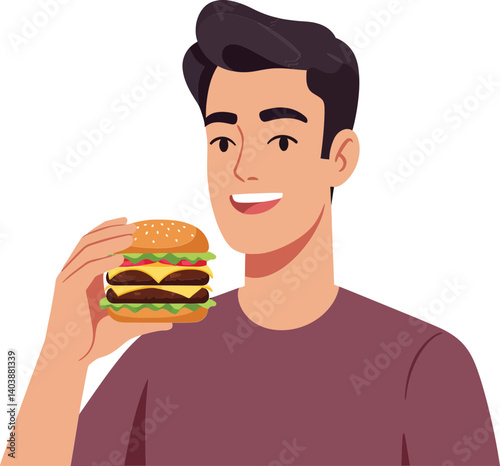 Young man smiling while holding a delicious cheeseburger in a flat, colorful style vector illustration