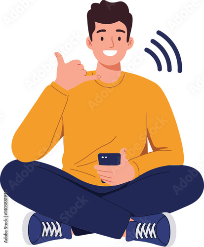 Cheerful young man sitting cross-legged while holding a smartphone and making a call in a flat vector illustration