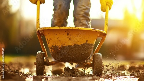 A person pushing a dirty wheelbarrow filled with wet mud