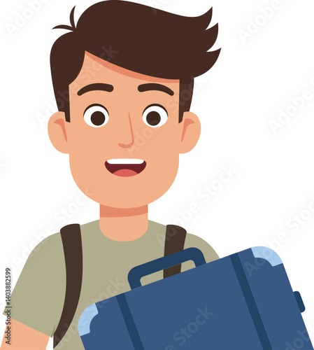 Cheerful young man with backpack holding a blue suitcase in a minimal flat design vector illustration