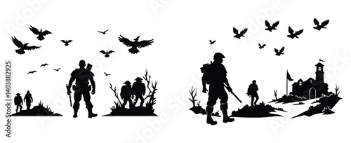 Silhouette of a lone soldier walking away from a ruined battlefield, back scarred and armor damaged, ravens flying in the sky