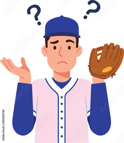 Baseball player in a pink jersey with a confused expression, wearing a blue cap, detailed vector illustration depicting uncertainty and contemplation on the field