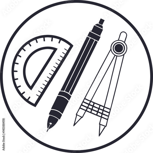 geometric design tools, drafting instruments, protractor, mechanical pencil, compass, circular composition, black and white illustration, minimalist icon, architectural drawing supplies, technical dra