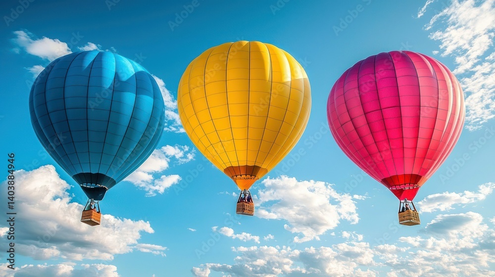 Fototapeta premium Three Colorful Hot Air Balloons Soaring Through a Sunny Sky