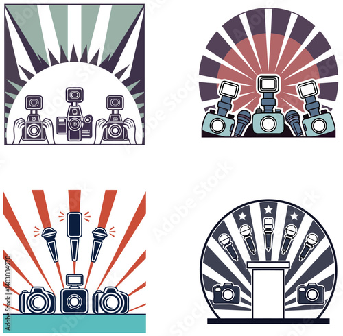 Retro microphones, art deco style, radiating lines background, stylized illustration, vintage broadcasting, radio show concept, monochrome color schemes, geometric shapes, symmetric composition, minim
