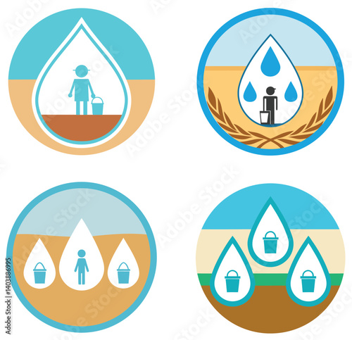 Circular water conservation icons, simplified human figures, water droplets, geometric shapes, teal and beige color scheme, flat design, minimalist illustrations, environmental awareness symbols, wate