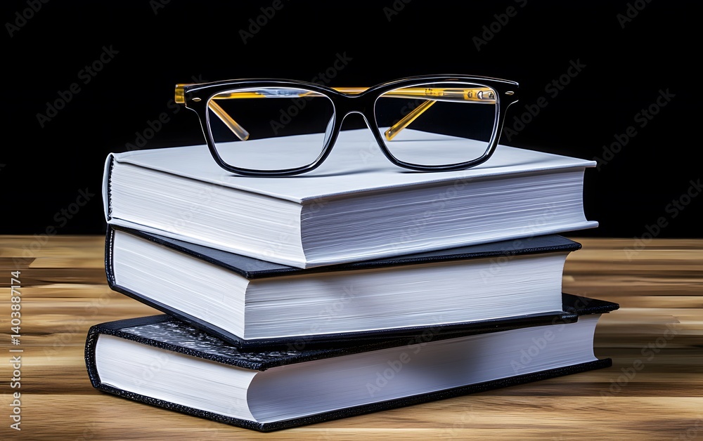 Stack of Books with Eyeglasses on Wooden Table Stack of Books with Eyeglasses on Wooden Table