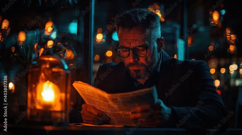A man reads a newspaper with eyeglasses in low light A man reads a newspaper with eyeglasses in low light
