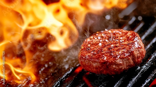 Grilled hamburger patty cooking on hot grill with flames