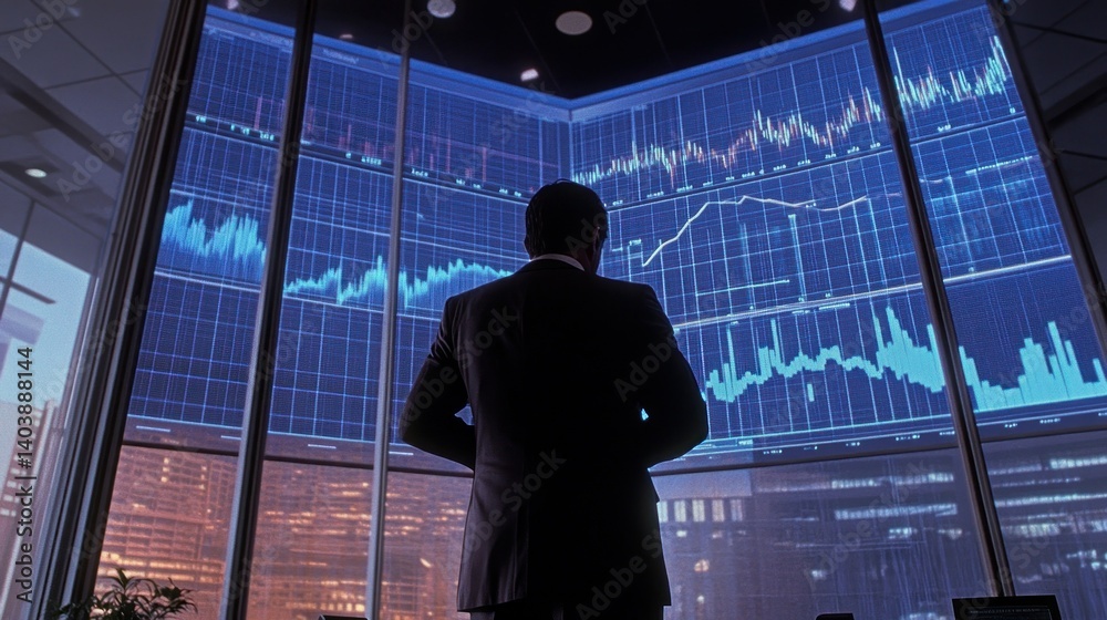 A suited man analyzing financial data on computer monitors in office A suited man analyzing financial data on computer monitors in office
