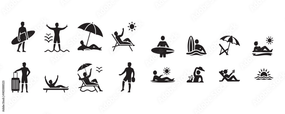 Naklejka premium Summer Vacation Silhouettes and Beach Activity Icons in Minimalist Vector Style, Art & Illustration