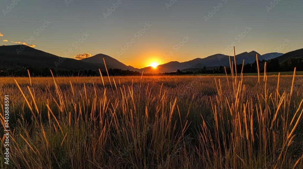 Obraz premium A beautiful golden sunset over fields and distant mountains