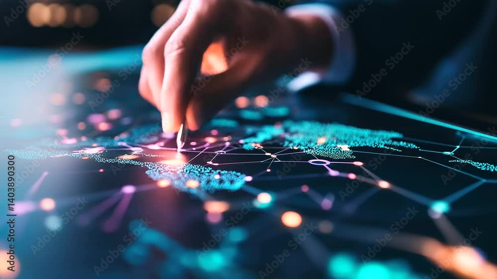 A close-up of a hand navigating a high-resolution world map on a futuristic interface A close-up of a hand navigating a high-resolution world map on a futuristic interface