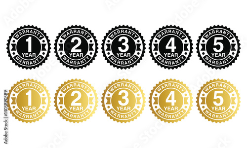 1, 2, 3 and 5 year warranty logo set in golden color vector illustration. One, two, three and five year Warranty labels, stamp designs in golden and black color. Set of golden warranty vector template