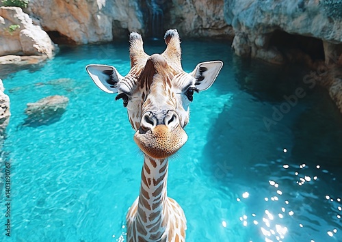 Giraffe in pool, sunny grotto