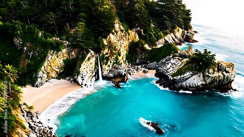 Waterfall Flowing onto Tropical Beach with Turquoise Water Coastline View