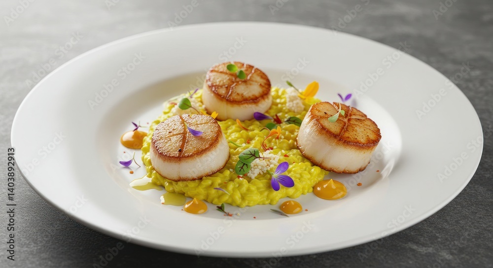 Three scallops on yellow couscous with edible flowers served on white plate. Three scallops on yellow couscous with edible flowers served on white plate.