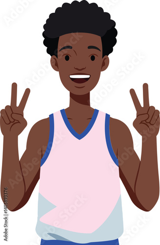 Happy young boy in sports attire making peace signs in a cheerful, flat design style vector illustration