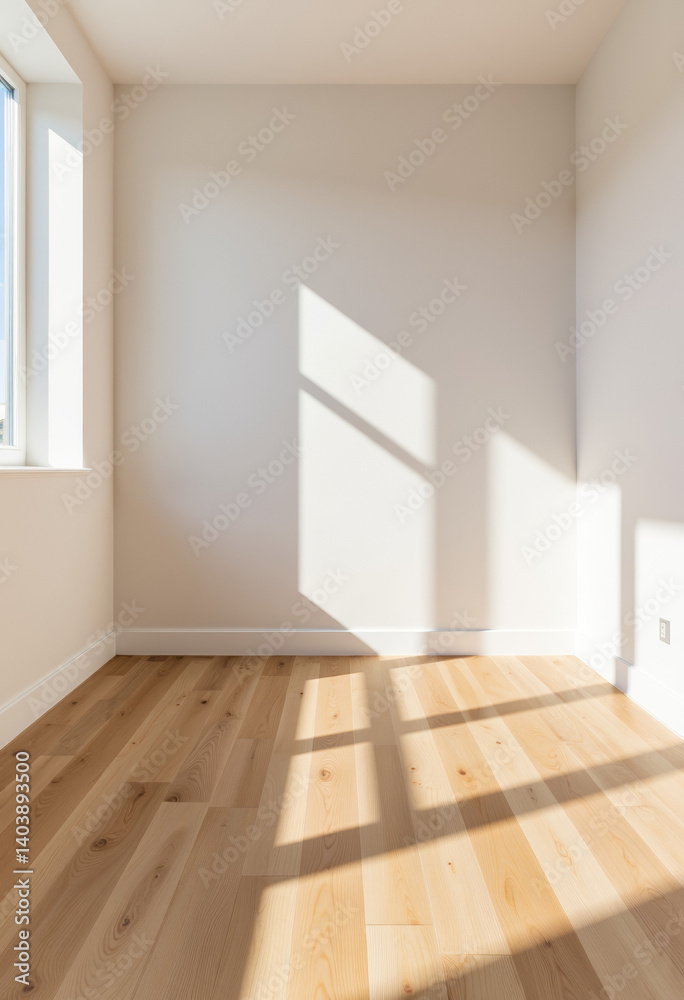 Fototapeta premium Minimalist living room with sleek wooden flooring and sunlight, modern design