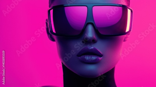 A futuristic styled woman wearing bold square neon sunglasses
