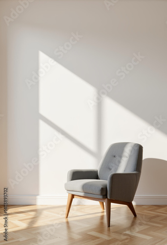 Minimalist gray armchair in bright room with morning light, tranquility