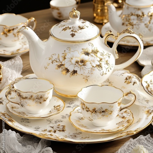 Elegant porcelain tea set with gold floral designs