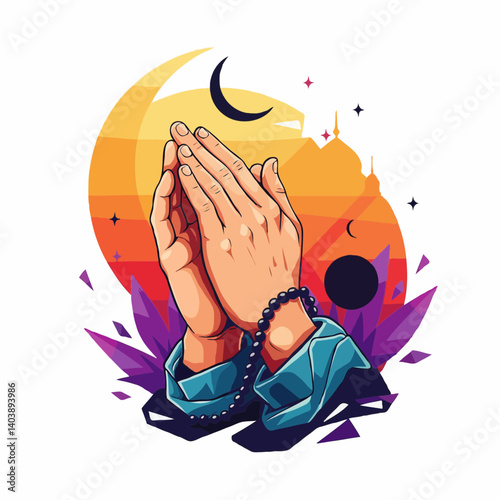 Praying hands with rosary against vibrant sunset background