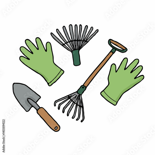 Gardening tools including gloves and rake on white background