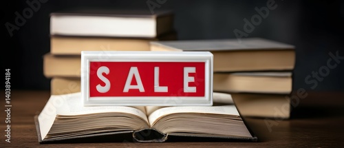 Stack of books with open book and sale sign on wooden surface.