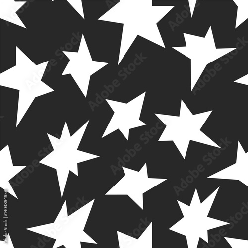 Star pattern, seamless background. Repeating print design, endless starry night sky. Black and white.