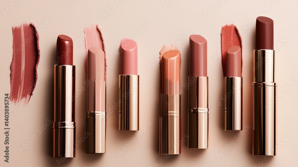Obraz premium a series of high-end lipstick close-up shots, elegant product photography style, luxurious lipstick tubes with rich color swatches,