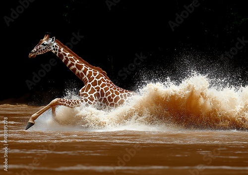 Giraffe running through river rapids