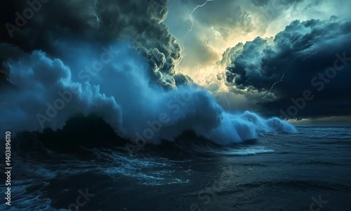 storm over the sea causing huge sea waves