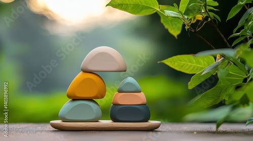 Stacked wooden shapes balance on a small wooden plate outdoors