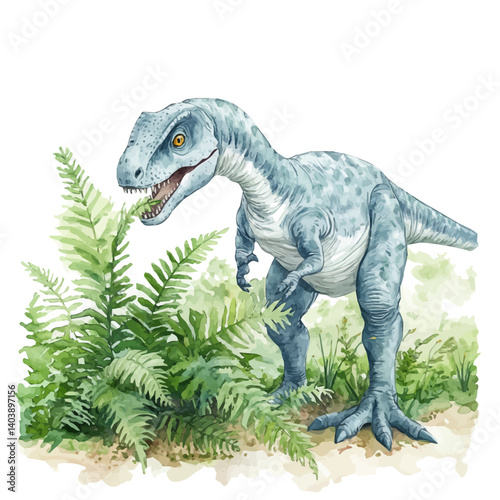Early Plant-eating Dinosaur Nibbling On Ferns, vector watercolor illustration, isolated on a white background.
