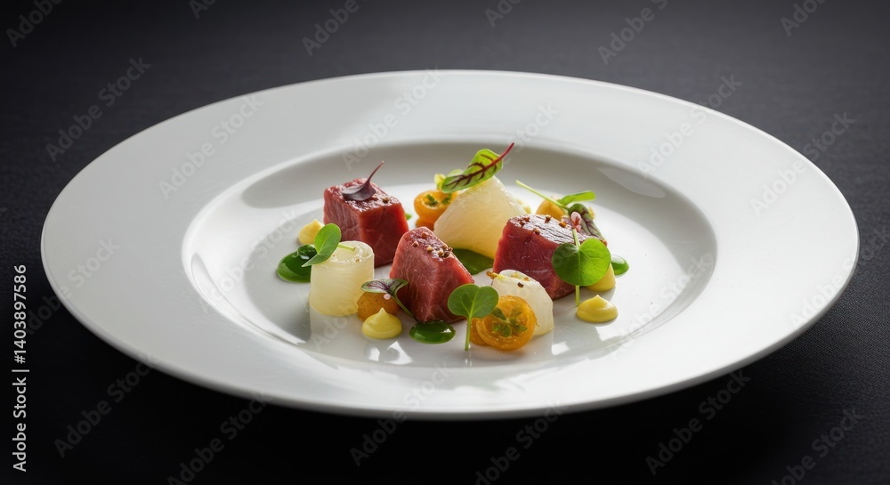 Tuna salad with potatoes and greens on a white plate against dark background. Tuna salad with potatoes and greens on a white plate against dark background.