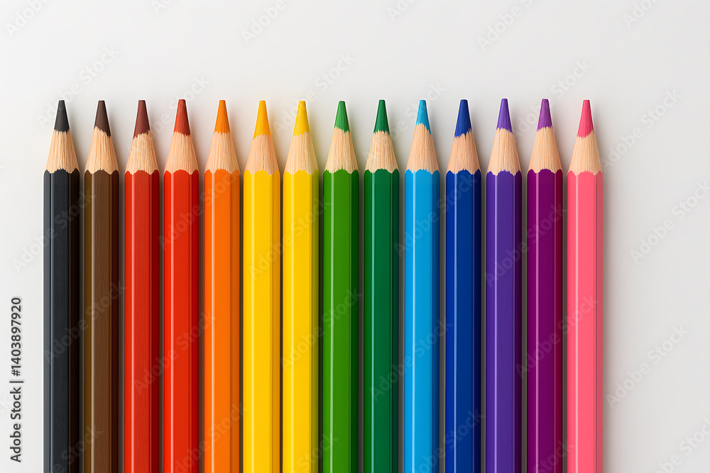 Colorful pencils arranged in a straight line on white background, viewed from above. Colorful pencils arranged in a straight line on white background, viewed from above.