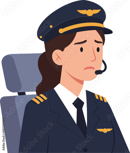 A female pilot in a detailed uniform sitting in an airplane cockpit, expressing concern, created in a flat vector art style
