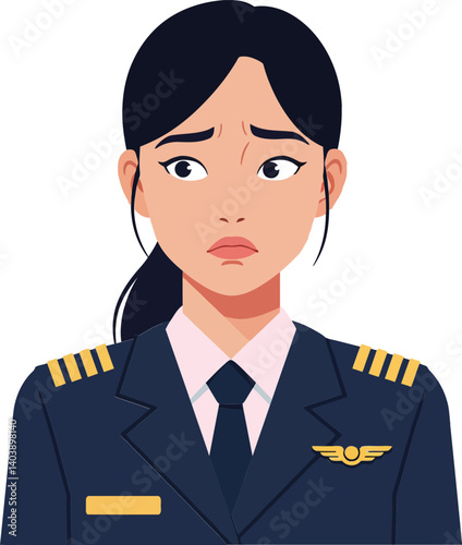 Female airline pilot in a uniform expressing concern in a flat, minimal vector illustration