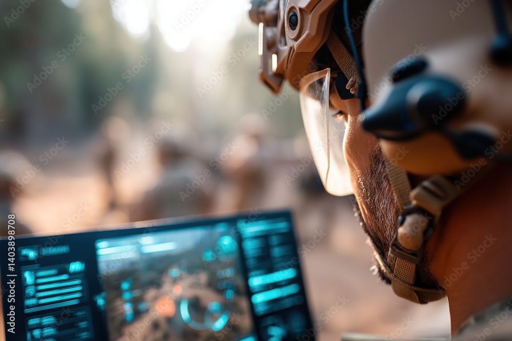 AI operator analyzes data in a military training scenario under natural lighting conditions