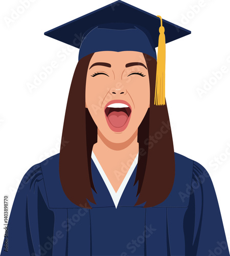 Joyful graduate wearing a blue cap and gown celebrating achievement with wide smile in flat vector art